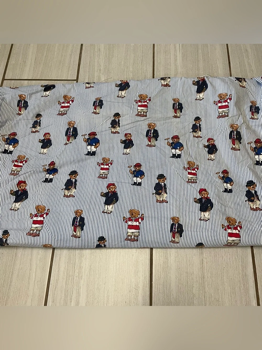 Polo Ralph Lauren Sheet King Fitted Vintage Polo Bears / Blue & White Stripe